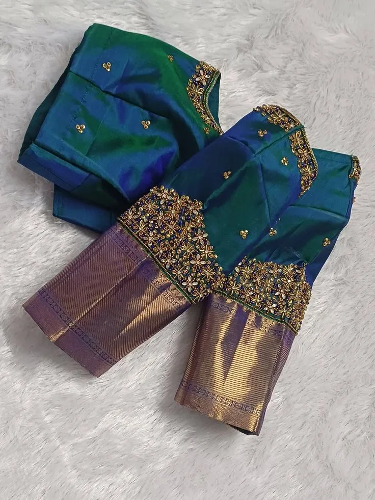 Blue and green silk blouse with detailed gold Aari embroidery