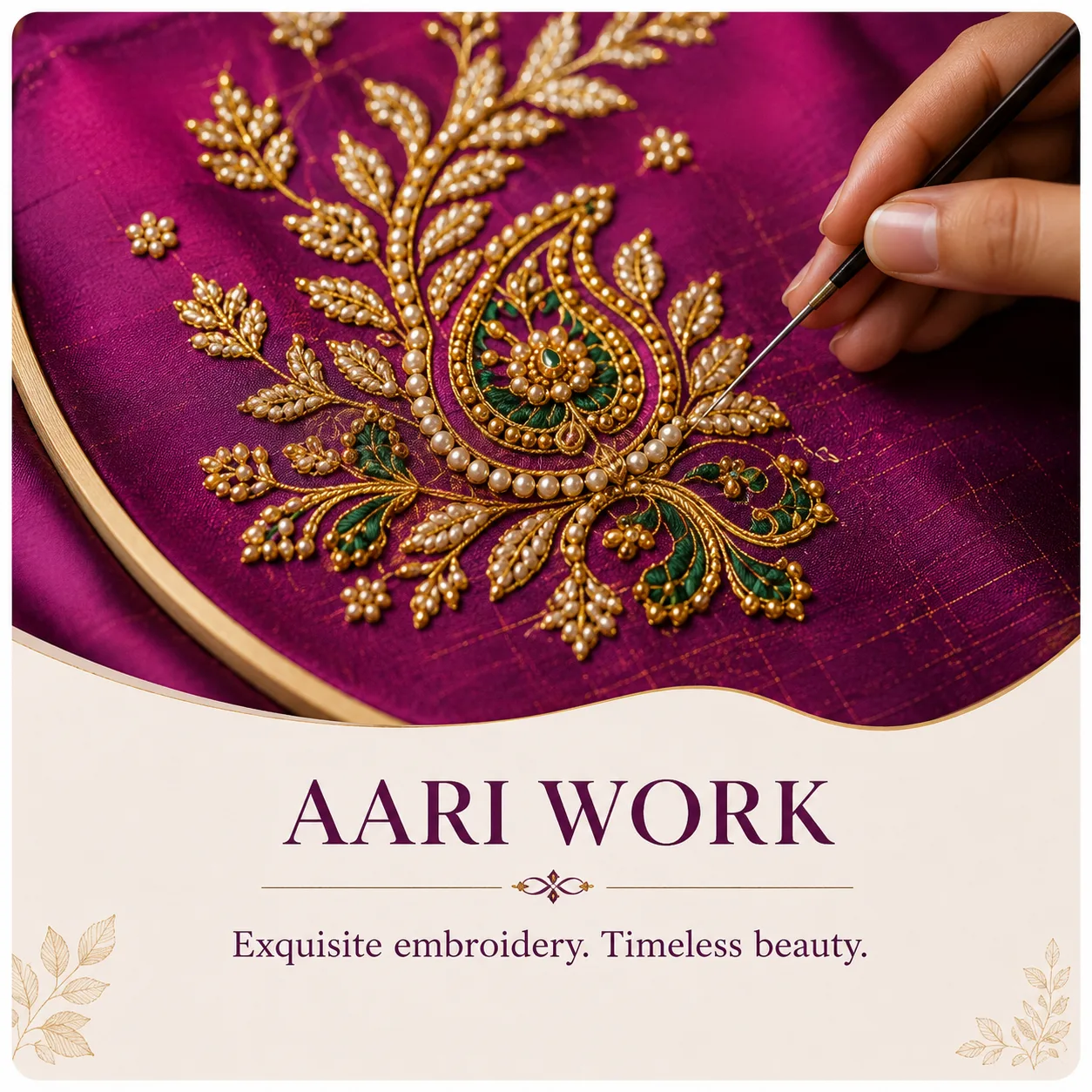 Detailed gold, pearl and green Aari embroidery on maroon fabric