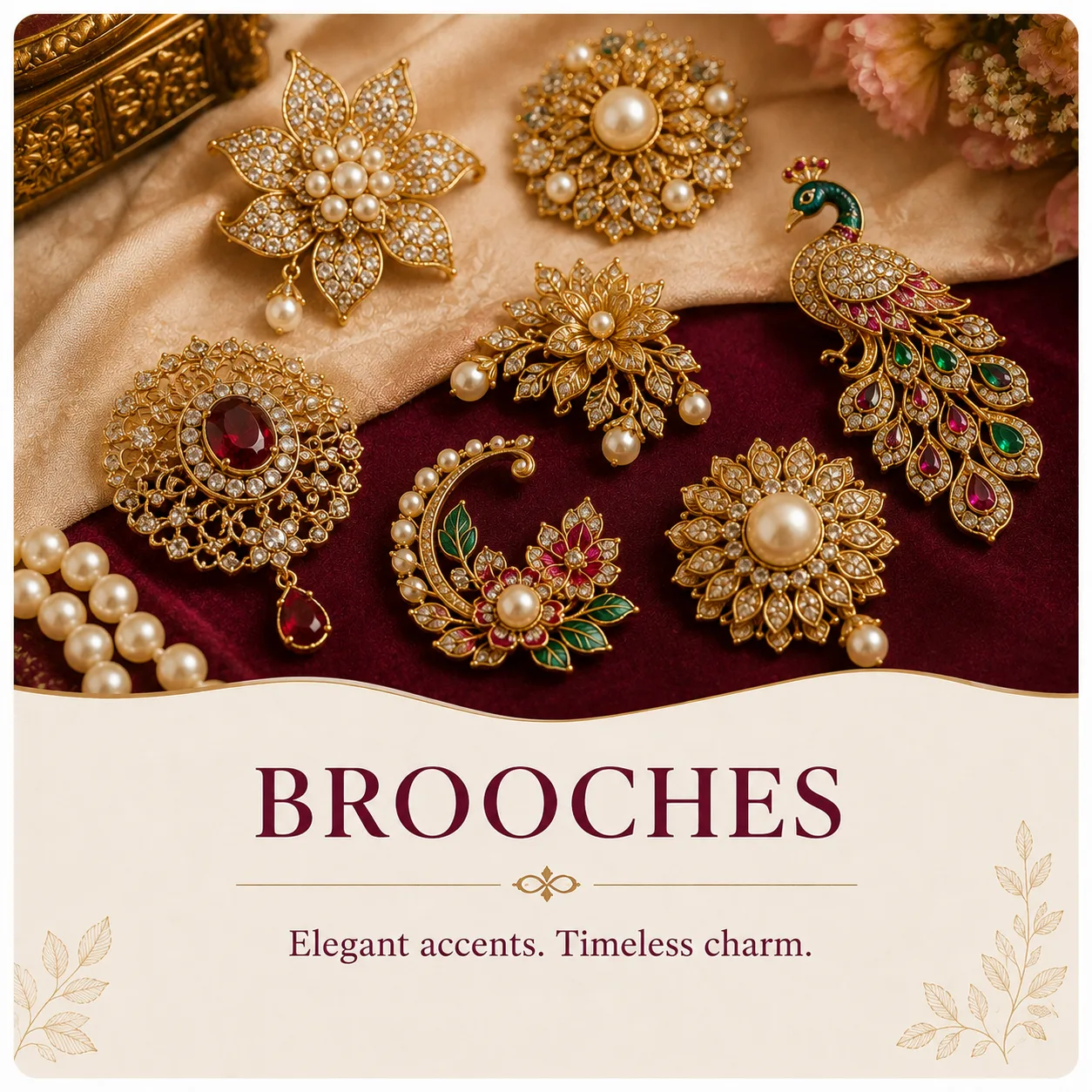 Collection of floral, pearl, stone and peacock-style brooches