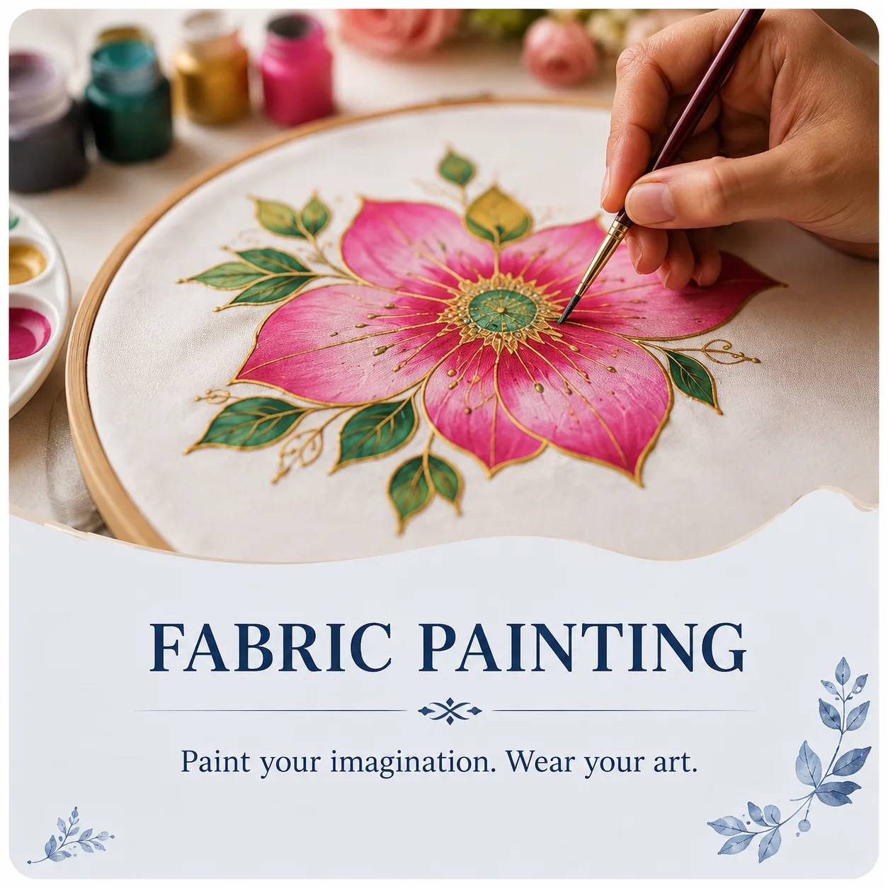 Pink and green flower being hand-painted onto fabric
