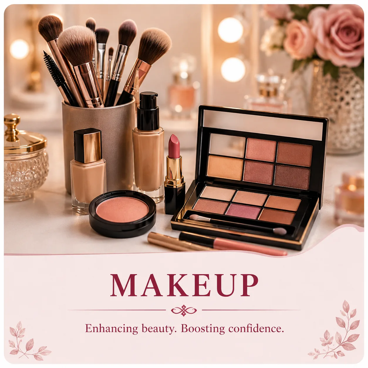 Professional makeup brushes, palette and beauty products