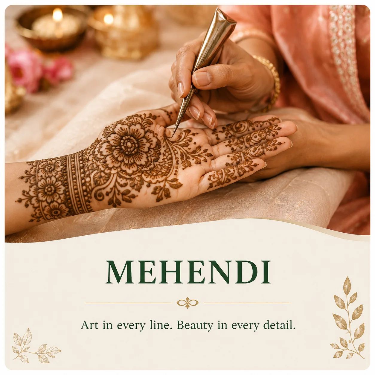 Detailed floral Mehendi design being applied to a palm