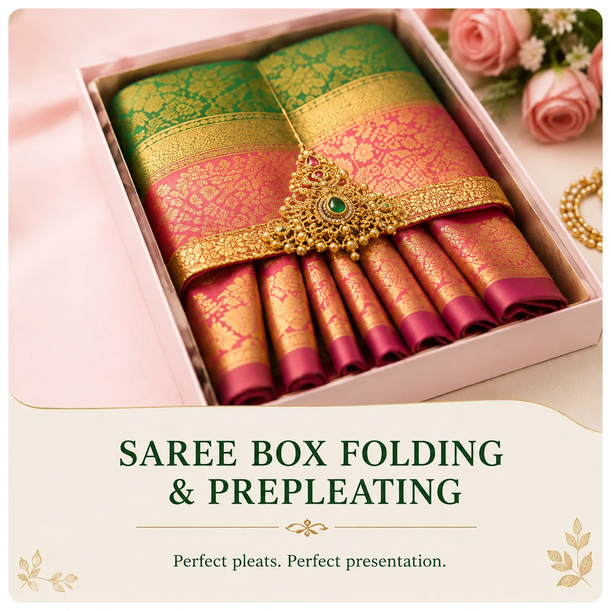 Pink and green silk saree neatly folded and presented in a box