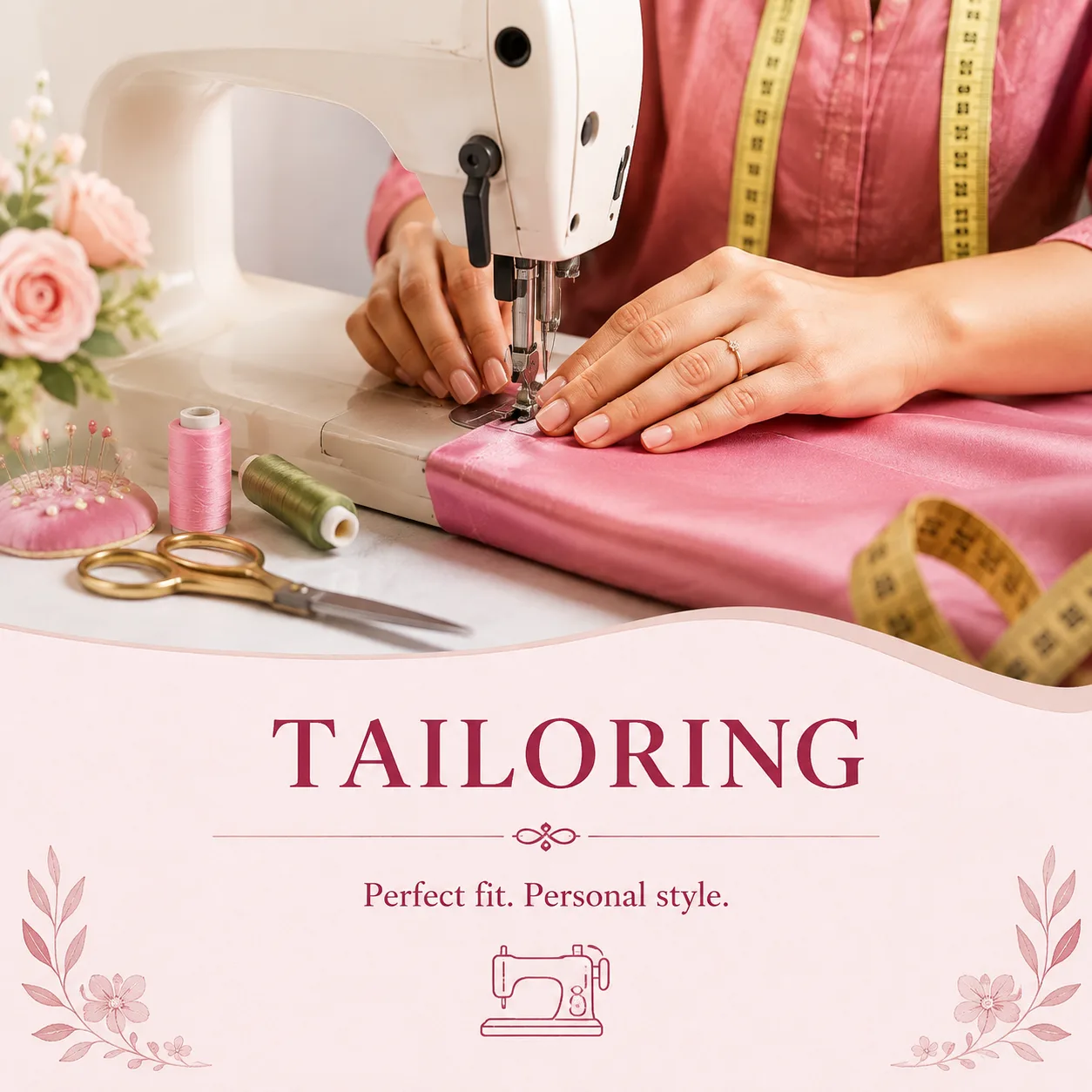 Women's tailoring with a sewing machine, fabric and measuring tape